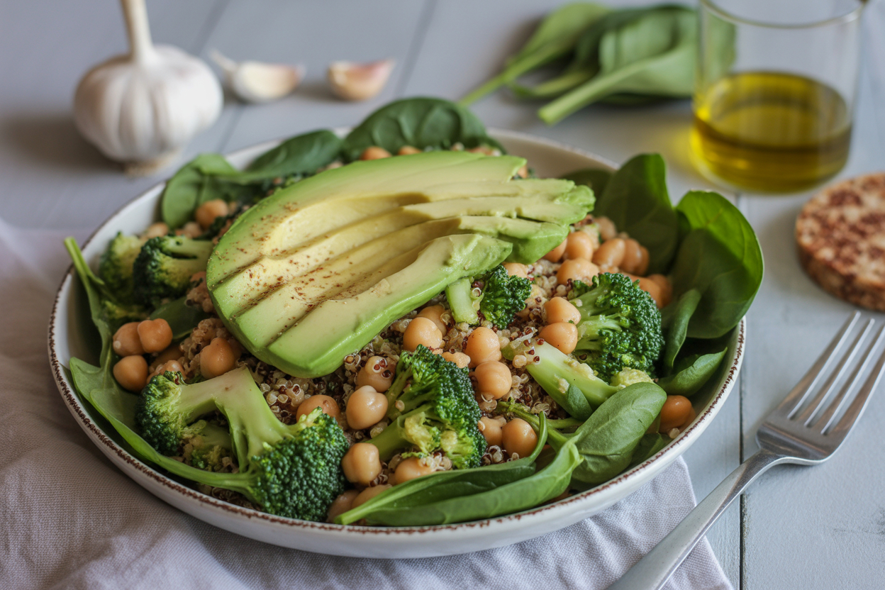 Quinoa, broccoli, chickpea, spinach and avocado bowl